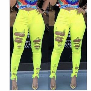 Yellow High Waist Broken Holes Jeans
